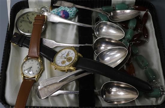 A set of silver spoons, jewellery, watches etc.